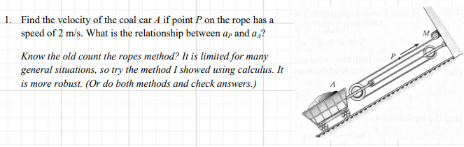 1. Find the velocity of the coal car A if point P on the rope has a
speed of 2 m/s. What is the relationship between ap and a,?
Know the old count the ropes method? It is limited for many
general situations, so try the method I showed using calculus. It
is more robust. (Or do both methods and check answers.)
