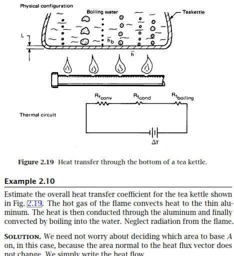 Physical configuration
Boiling water
Teakettle
Rr.
conv
Ricond
Rtpoiling
Thermal circuit
ΔΤ
Figure 2.19 Heat transfer through the bottom of a tea kettle.
Example 2.10
Estimate the overall heat transfer coefficient for the tea kettle shown
in Fig. 2.19. The hot gas of the flame convects heat to the thin alu-
minum. The heat is then conducted through the aluminum and finally
convected by boiling into the water. Neglect radiation from the flame.
SOLUTION. We need not worry about deciding which area to base A
on, in this case, because the area normal to the heat flux vector does
not change We simply write the heat flow
