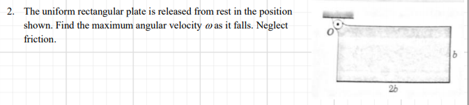 2. The uniform rectangular plate is released from rest in the position
shown. Find the maximum angular velocity w as it falls. Neglect
friction.
26
