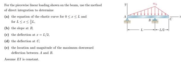 For the piecewise linear loading shown on the beam, use the method
of direct integration to determine
(a) the equation of the elastic curve for 0SrS L and
for L<xsL,
(b) the slope at B,
L/2-
(c) the deflection at r =
L/2,
(d) the deflection at C,
(e) the location and magnitude of the maximum downward
deflection between A and B.
Assume El is constant.
