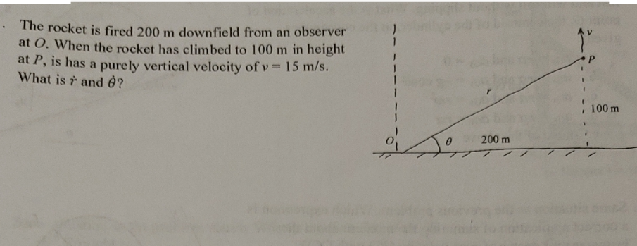 . The rocket is fired 200 m downfield from an observer
at O. When the rocket has climbed to 100 m in height
at P, is has a purely vertical velocity of v = 15 m/s.
What is r and 8?
1
200 m
100 m