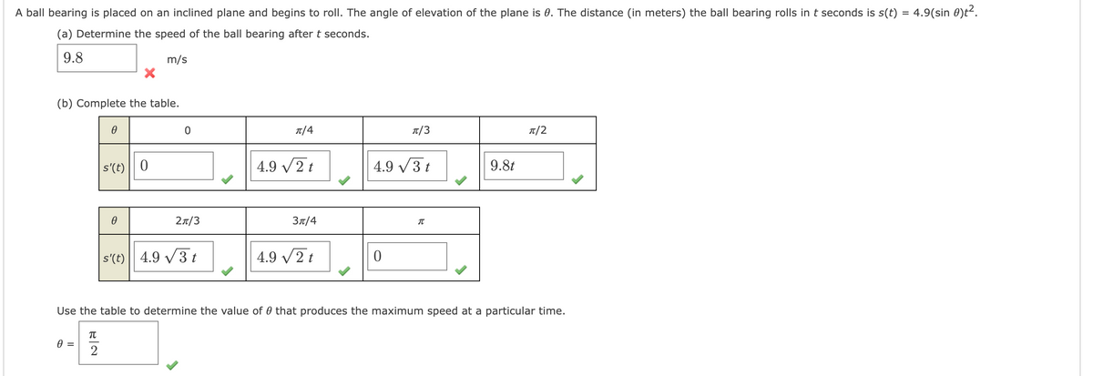 A ball bearing is placed on an inclined plane and begins to roll. The angle of elevation of the plane is 0. The distance (in meters) the ball bearing rolls in t seconds is s(t) = 4.9(sin 0)t².
(a) Determine the speed of the ball bearing after t seconds.
9.8
m/s
(b) Complete the table.
0 =
TU
0
2
s'(t) 0
0
0
2π/3
s'(t) 4.9 √√3 t
π/4
4.9 √2 t
3π/4
4.9 √2t
π/3
4.9 √3 t
0
π
Use the table to determine the value of that produces the maximum speed at a particular time.
9.8t
π/2