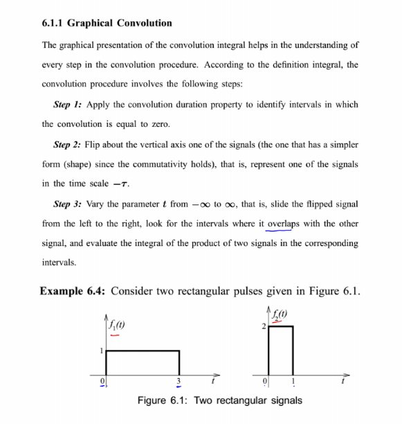 6.1.1 Graphical Convolution
The graphical presentation of the convolution integral helps in the understanding of
every step in the convolution procedure. According to the definition integral, the
convolution procedure involves the following steps:
Step 1: Apply the convolution duration property to identify intervals in which
the convolution is equal to zero.
Step 2: Flip about the vertical axis one of the signals (the one that has a simpler
form (shape) since the commutativity holds), that is, represent one of the signals
in the time scale -r.
Step 3: Vary the parameter t from -0o to ∞, that is, slide the flipped signal
from the left to the right, look for the intervals where it overlaps with the other
signal, and evaluate the integral of the product of two signals in the corresponding
intervals.
Example 6.4: Consider two rectangular pulses given in Figure 6.1.
의
Figure 6.1: Two rectangular signals
