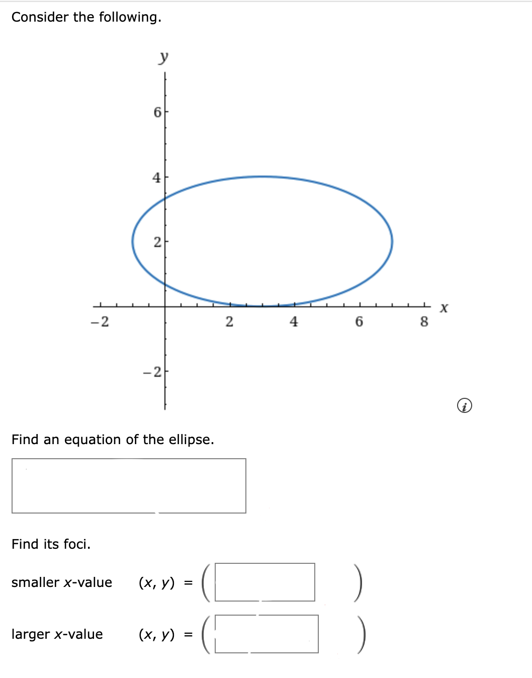 Consider the following.
y
-2
6
4
2
-2
Find an equation of the ellipse.
Find its foci.
smaller x-value
(x, y)
=
larger x-value
(x, y) =
2
4
6
8
x