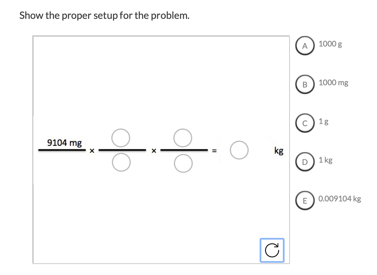 Show the proper setup for the problem.
A) 1000 g
1000 mg
в
C
1g
9104 mg
kg
D) 1 kg
E) 0.009104 kg
II
