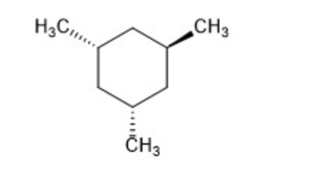### Cyclohexane Derivative with Methyl Groups

The diagram above represents the 3D stereo-structural formula of a cyclohexane derivative. Cyclohexane is a six-membered carbon ring, and in this specific structure, there are three methyl groups (CH₃) attached to the carbon atoms in the ring. Here is a detailed description of the structural features of this molecule:

- **Cyclohexane Ring**: The central part of the structure is a hexagonal ring representing cyclohexane, which consists of six carbon atoms. Each vertex of the hexagon represents a carbon atom.
  
- **Substituents**:
  - There are three methyl groups (CH₃) attached to the cyclohexane ring. 
  - The first methyl group is attached to the top-right carbon in an axial position, indicated by a solid wedge (thicker line), representing that this group is oriented upward out of the plane of the ring.
  - The second methyl group is attached to the top-left carbon in an equatorial position, indicated by a dashed wedge, representing that this group is oriented downward out of the plane of the ring.
  - The third methyl group is connected to the bottom-left carbon in an axial position, indicated by another dashed wedge.

- **Stereochemistry**:
  - The solid wedges and dashed wedges indicate the 3D arrangement of the substituents around the cyclohexane ring, providing information about what is oriented above or below the plane of the ring, which is crucial for understanding the stereochemistry of the molecule.

This structure is a crucial example for understanding organic chemistry, especially stereochemistry, which is vital in fields such as medicinal chemistry and materials science. The 3D arrangement of atoms affects the molecule's physical and chemical properties, determining its reactivity, interaction with other molecules, and biological activity.