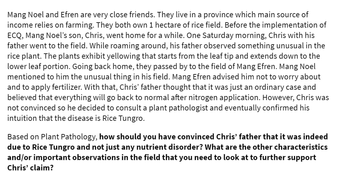 Mang Noel and Efren are very close friends. They live in a province which main source of
income relies on farming. They both own 1 hectare of rice field. Before the implementation of
ECQ, Mang Noel's son, Chris, went home for a while. One Saturday morning, Chris with his
father went to the field. While roaming around, his father observed something unusual in the
rice plant. The plants exhibit yellowing that starts from the leaf tip and extends down to the
lower leaf portion. Going back home, they passed by to the field of Mang Efren. Mang Noel
mentioned to him the unusual thing in his field. Mang Efren advised him not to worry about
and to apply fertilizer. With that, Chris' father thought that it was just an ordinary case and
believed that everything will go back to normal after nitrogen application. However, Chris was
not convinced so he decided to consult a plant pathologist and eventually confirmed his
intuition that the disease is Rice Tungro.
Based on Plant Pathology, how should you have convinced Chris' father that it was indeed
due to Rice Tungro and not just any nutrient disorder? What are the other characteristics
and/or important observations in the field that you need to look at to further support
Chris' claim?