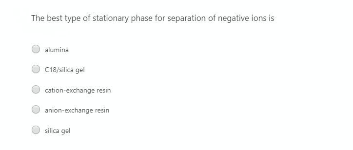 The best type of stationary phase for separation of negative ions is
alumina
C18/silica gel
cation-exchange resin
anion-exchange resin
silica gel
