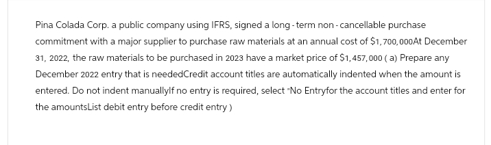 Pina Colada Corp. a public company using IFRS, signed a long-term non-cancellable purchase
commitment with a major supplier to purchase raw materials at an annual cost of $1,700,000 At December
31, 2022, the raw materials to be purchased in 2023 have a market price of $1,457,000 (a) Prepare any
December 2022 entry that is needed Credit account titles are automatically indented when the amount is
entered. Do not indent manuallylf no entry is required, select "No Entryfor the account titles and enter for
the amountsList debit entry before credit entry)