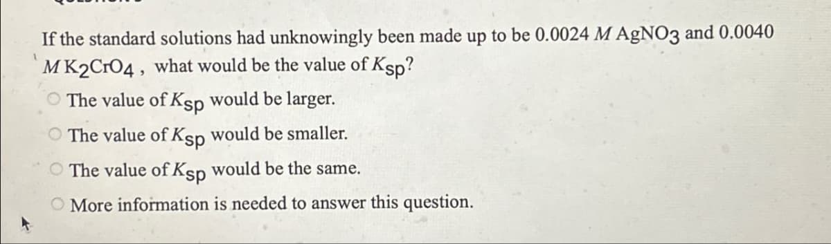 If the standard solutions had unknowingly been made up to be 0.0024 M AgNO3 and 0.0040
1
MK2CrO4, what would be the value of Ksp?
The value of Ksp would be larger.
The value of Ksp would be smaller.
The value of Ksp would be the same.
O More information is needed to answer this question.