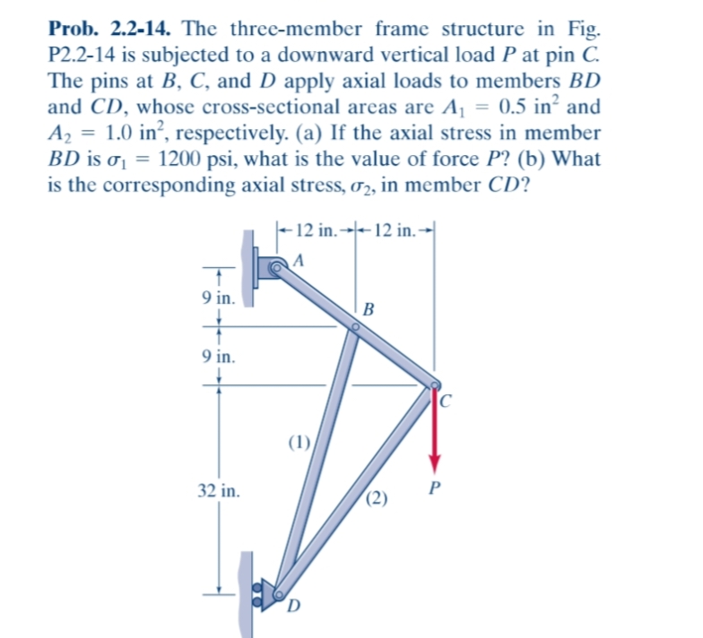 Prob. 2.2-14. The three-member frame structure in Fig.
P2.2-14 is subjected to a downward vertical load P at pin C.
The pins at B, C, and D apply axial loads to members BD
and CD, whose cross-sectional areas are A = 0.5 in² and
A2 = 1.0 in², respectively. (a) If the axial stress in member
BD is o = 1200 psi, what is the value of force P? (b) What
is the corresponding axial stress, 02, in member CD?
- 12 in.→|-- 12 in.-
9 in.
B
9 in.
C
(1),
32 in.
P
(2)
D
