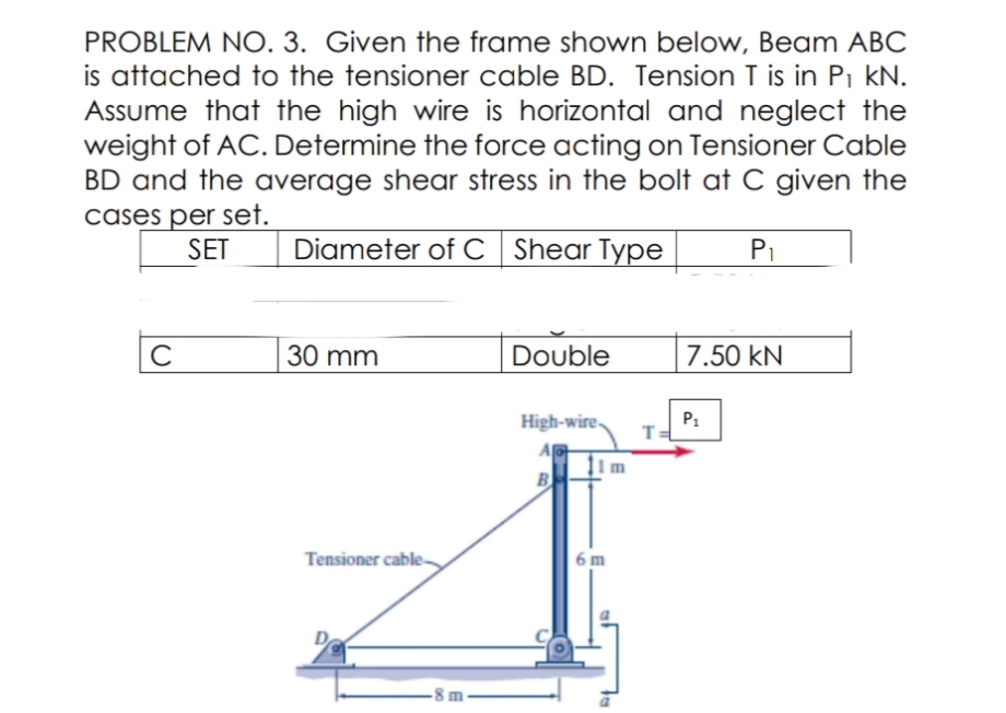 PROBLEM NO. 3. Given the frame shown below, Beam ABC
is attached to the tensioner cable BD. Tension T is in Pi kN.
Assume that the high wire is horizontal and neglect the
weight of AC. Determine the force acting on Tensioner Cable
BD and the average shear stress in the bolt at C given the
casEs per set.
SET
Diameter ofC Shear Type
P1
C
30 mm
Double
7.50 kN
High-wire,
P1
T=
A
B
Tensioner cable-
6 m
-8 m-
