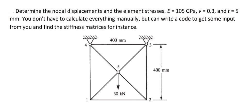 Determine the nodal displacements and the element stresses. E = 105 GPa, v = 0.3, and t = 5
mm. You don't have to calculate everything manually, but can write a code to get some input
from you and find the stiffness matrices for instance.
400 mm
3
5
400 mm
30 kN
2