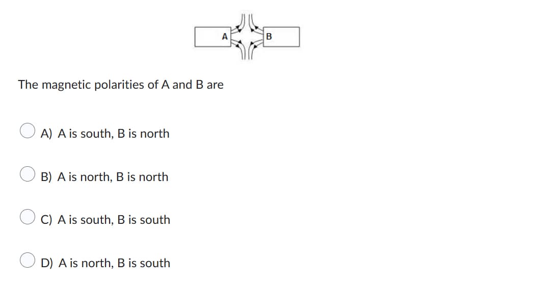 The magnetic polarities of A and B are
A) A is south, B is north
B) A is north, B is north
C) A is south, B is south
D) A is north, B is south
B