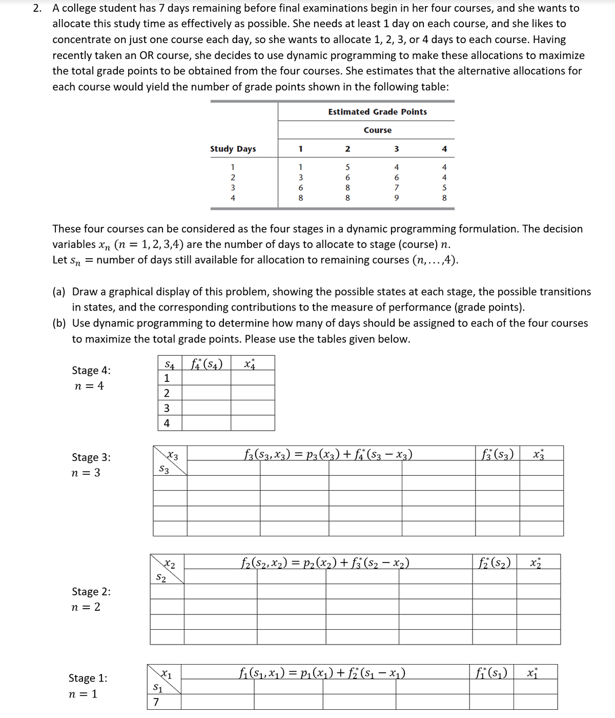 2. A college student has 7 days remaining before final examinations begin in her four courses, and she wants to
allocate this study time as effectively as possible. She needs at least 1 day on each course, and she likes to
concentrate on just one course each day, so she wants to allocate 1, 2, 3, or 4 days to each course. Having
recently taken an OR course, she decides to use dynamic programming to make these allocations to maximize
the total grade points to be obtained from the four courses. She estimates that the alternative allocations for
each course would yield the number of grade points shown in the following table:
Stage 4:
n = 4
Stage 3:
n = 3
Xn
These four courses can be considered as the four stages in a dynamic programming formulation. The decision
variables (n = 1, 2, 3,4) are the number of days to allocate to stage (course) n.
Let S = number of days still available for allocation to remaining courses (n,...,4).
Stage 2:
n = 2
Stage 1:
n = 1
S4 f4* (S4)
1
2
3
4
X3
S3
x2
S2
S1
7
Study Days
Course
1
2
1
5
IMMI
3
6
6
8
8
8
X1
1
2
3
Estimated Grade Points
4
(a) Draw a graphical display of this problem, showing the possible states at each stage, the possible transitions
in states, and the corresponding contributions to the measure of performance (grade points).
(b) Use dynamic programming to determine how many of days should be assigned to each of the four courses
to maximize the total grade points. Please use the tables given below.
3
X4
4
6
7
9
ƒ3(S3, X3) = P3(x3) + ƒ4* (S3 − X3)
4
ƒ₂ ($₂,x₂) = P₂ (x₂) + ƒ3 (S₂ − x₂)
f₁($₁, x₁) = P₁(x₁) + f₂ (≤₁ − x₁)
4
4
5
8
f3* (S3) x3
f2* (S₂) x₂
fi (S₁)
x₁