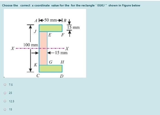 Choose the correct x coordinate value for the for the rectangle" EGKJ " shown in Figure below
A+50 mmI BI
15 mm
E
100 mm
X-
+15 mm
G H
K
C
D
O 7.5
O 25
O 12.5
O 15
