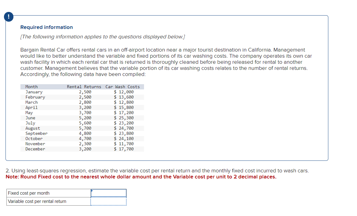 !
Required information
[The following information applies to the questions displayed below.]
Bargain Rental Car offers rental cars in an off-airport location near a major tourist destination in California. Management
would like to better understand the variable and fixed portions of its car washing costs. The company operates its own car
wash facility in which each rental car that is returned is thoroughly cleaned before being released for rental to another
customer. Management believes that the variable portion of its car washing costs relates to the number of rental returns.
Accordingly, the following data have been compiled:
Month
January
February
March
April
May
June
July
August
September
October
November
December
Rental Returns Car Wash Costs
$ 12,000
$ 13,600
$ 12,800
$ 15,800
$ 17, 200
$ 25,300
$ 23, 200
$ 24,700
$ 23,800
$ 24,100
$ 11,700
$ 17,700
Fixed cost per month
Variable cost per rental return
2,500
2,500
2,800
3,200
3,700
5,200
5,600
5,700
4,800
4,700
2,300
3,200
2. Using least-squares regression, estimate the variable cost per rental return and the monthly fixed cost incurred to wash cars.
Note: Round Fixed cost to the nearest whole dollar amount and the Variable cost per unit to 2 decimal places.