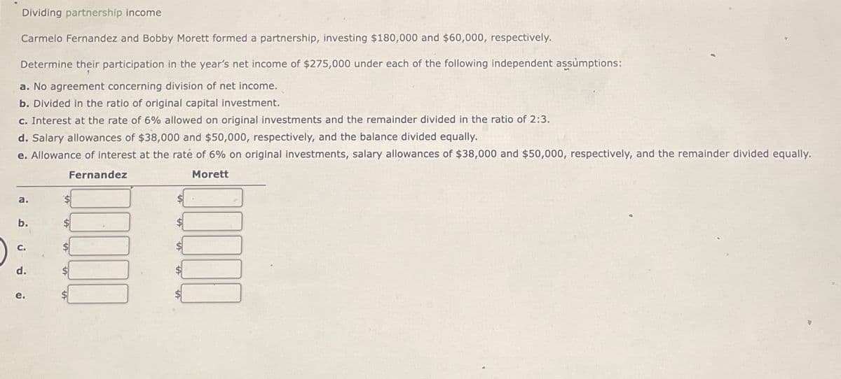 Dividing partnership income
Carmelo Fernandez and Bobby Morett formed a partnership, investing $180,000 and $60,000, respectively.
Determine their participation in the year's net income of $275,000 under each of the following independent assumptions:
a. No agreement concerning division of net income.
b. Divided in the ratio of original capital investment.
c. Interest at the rate of 6% allowed on original investments and the remainder divided in the ratio of 2:3.
d. Salary allowances of $38,000 and $50,000, respectively, and the balance divided equally.
e. Allowance of interest at the rate of 6% on original investments, salary allowances of $38,000 and $50,000, respectively, and the remainder divided equally.
Morett
Fernandez
a.
b.
d.
e.