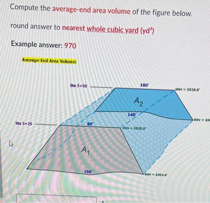 Compute the average-end area volume of the figure below.
round answer to nearest whole cubic yard (yd³)
Example answer: 970
13
Average-End Area Volume:
Sta 5+25
Sta 5+50
80'
A₁
150'
100'
A2
140'
elev 1020.0
elev 1002.0'
elev= 1018.0
elev 101