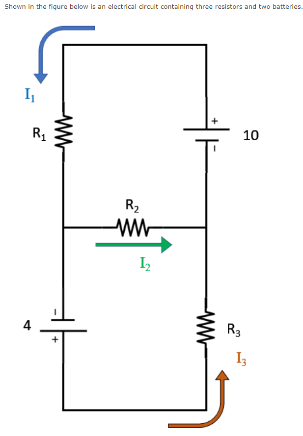 Shown in the figure below is an electrical circuit containing three resistors and two batteries.
I₁
R₁
4
ww
R₂
ww
1₂
+
10
R3
13