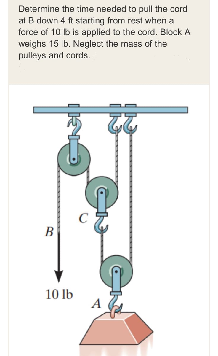 Determine the time needed to pull the cord
at B down 4 ft starting from rest when a
force of 10 lb is applied to the cord. Block A
weighs 15 lb. Neglect the mass of the
pulleys and cords.
22
C
В
10 lb
A
