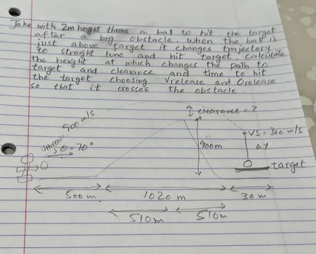 Jake with 2m heigat threes
after
the target
bal to bit
just
Obstacle. when the ballis
target
it changes tmjectory
Calculate
above
to
straght
line
at which changes the palh to
cleamne
choosing
and
hit
target
target
the beig ht
and
and
Vrelease and Orelease
the obstacle
time
to hit
the
target
that
so
it
crosse's
I clearance-2
TVS= 300 m/s
900m
70°
target
S00m
1020 m.
30 m
Slom
5Tom
