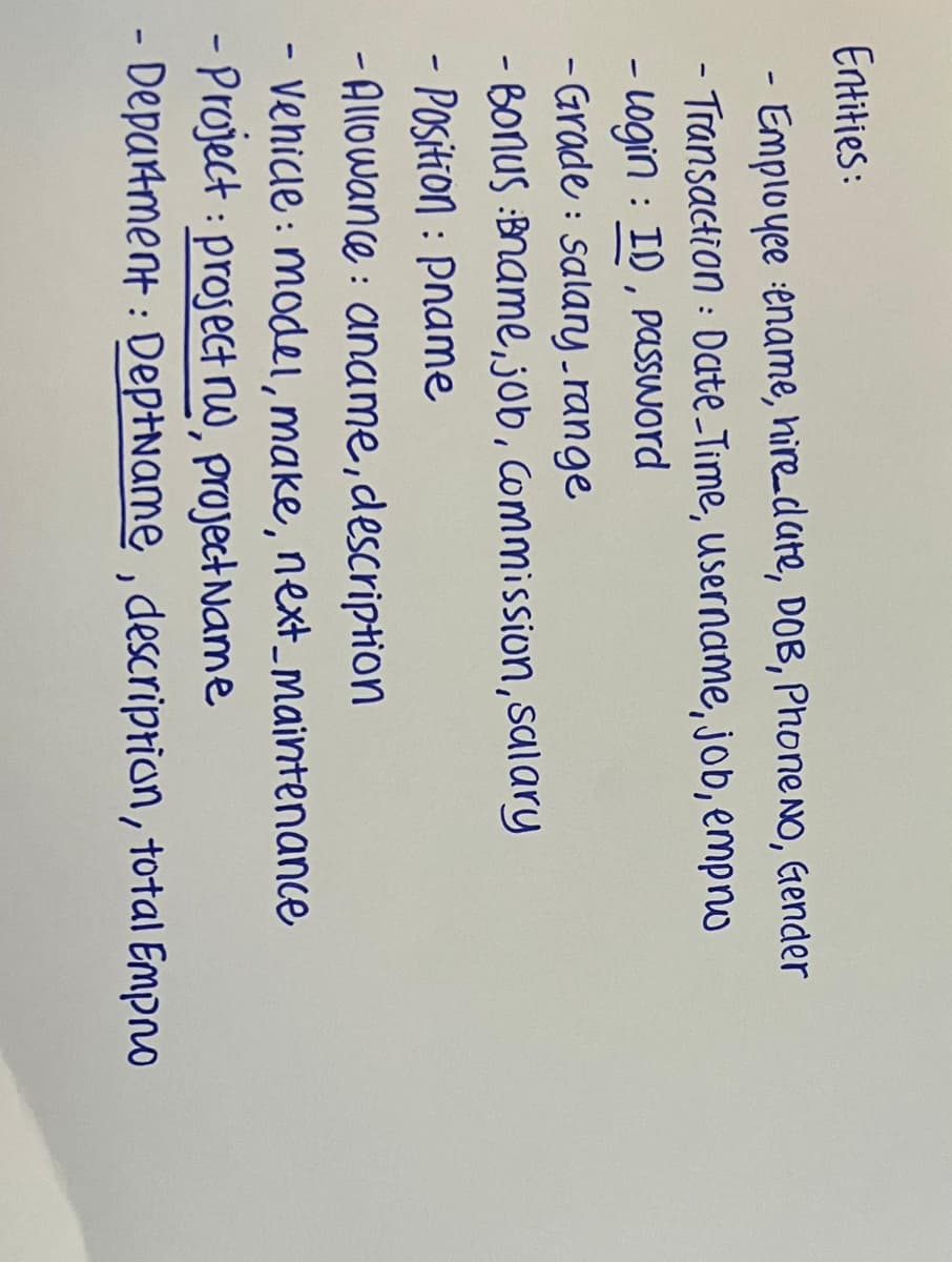 Entities:
- Employee ename, hire_date, DOB, Phone NO, Gender
- Transaction: Date-Time, username, job, empno
- Login: ID, password
- Grade: salary range
- Bonus :Bname, job, Commission, salary
- Position: pname
-Allowance: aname, description
- Vehicle: model, make, next_maintenance
- Project: project rw, project
Name
- Department: DeptName, description, total Empno