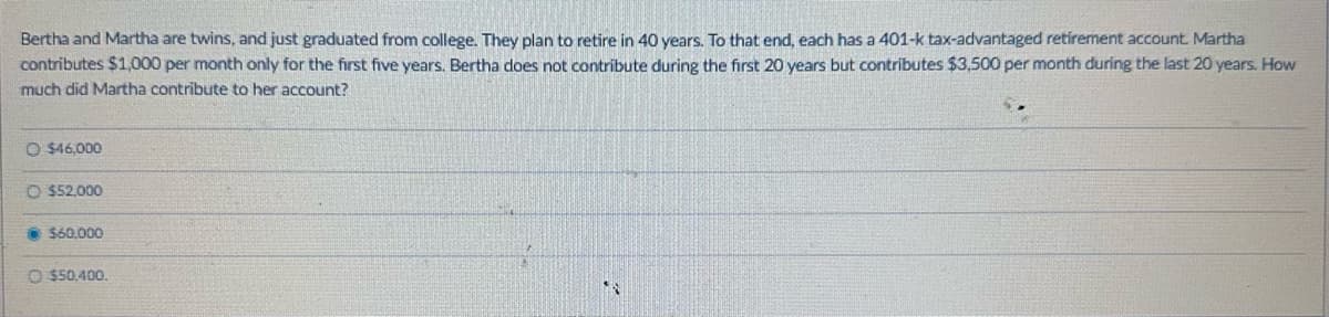 Bertha and Martha are twins, and just graduated from college. They plan to retire in 40 years. To that end, each has a 401-k tax-advantaged retirement account. Martha
contributes $1,000 per month only for the first five years. Bertha does not contribute during the first 20 years but contributes $3,500 per month during the last 20 years. How
much did Martha contribute to her account?
O$46,000
O $52,000
Ⓒ$60,000
O $50,400.
$