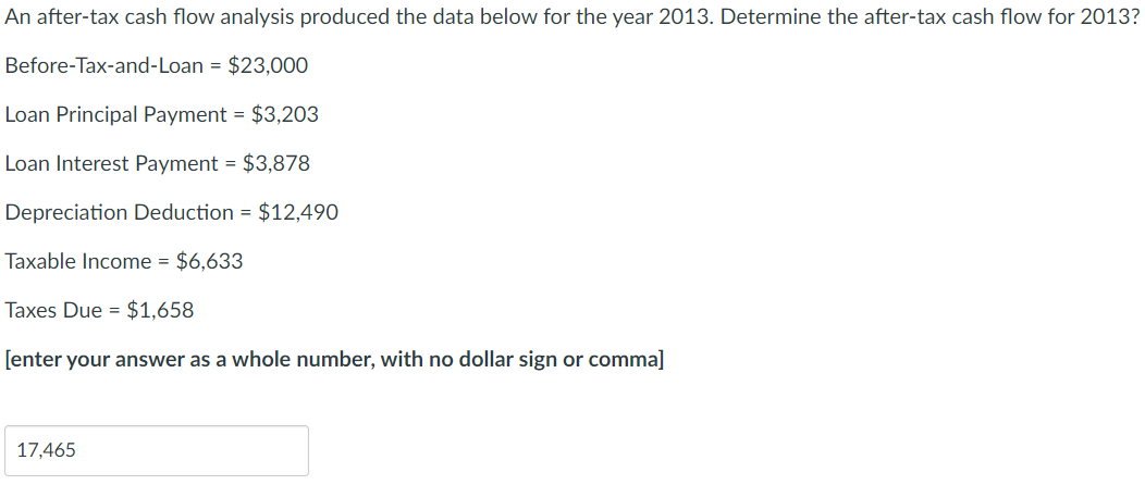 An after-tax cash flow analysis produced the data below for the year 2013. Determine the after-tax cash flow for 2013?
Before-Tax-and-Loan = $23,000
Loan Principal Payment = $3,203
Loan Interest Payment = $3,878
Depreciation Deduction = $12,490
Taxable Income = $6,633
Taxes Due = $1,658
[enter your answer as a whole number, with no dollar sign or comma]
17,465