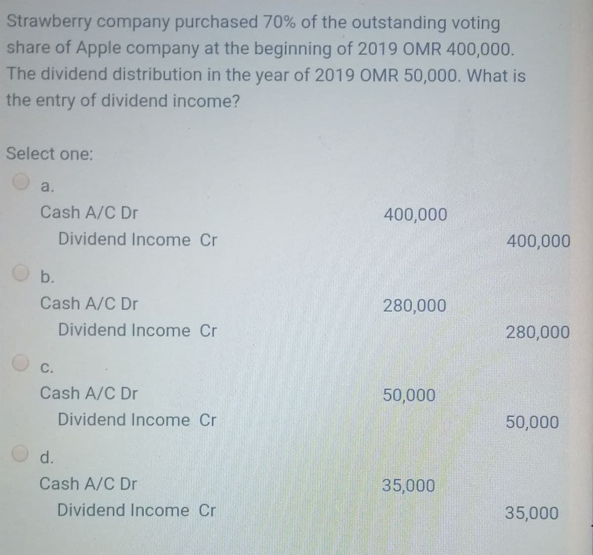 Strawberry company purchased 70% of the outstanding voting
share of Apple company at the beginning of 2019 OMR 400,000.
The dividend distribution in the year of 2019 OMR 50,000. What is
the entry of dividend income?
Select one:
a.
Cash A/C Dr
400,000
Dividend Income Cr
400,000
b.
Cash A/C Dr
280,000
Dividend Income Cr
280,000
С.
Cash A/C Dr
50,000
Dividend Income Cr
50,000
O d.
Cash A/C Dr
35,000
Dividend Income Cr
35,000
