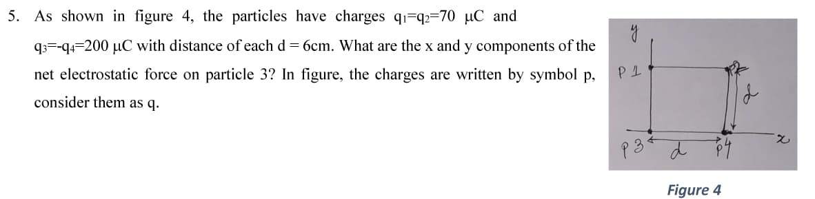 5. As shown in figure 4, the particles have charges qi=q=70 µC and
q3=-q4=200 µC with distance of each d = 6cm. What are the x and y components of the
net electrostatic force on particle 3? In figure, the charges are written by symbol p,
consider them as q.
P3
Figure 4
