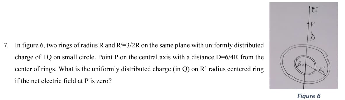 7. In figure 6, two rings of radius R and R'=3/2R on the same plane with uniformly distributed
charge of +Q on small circle. Point P on the central axis with a distance D=6/4R from the
center of rings. What is the uniformly distributed charge (in Q) on R' radius centered ring
if the net electric field at P is zero?
Figure 6
