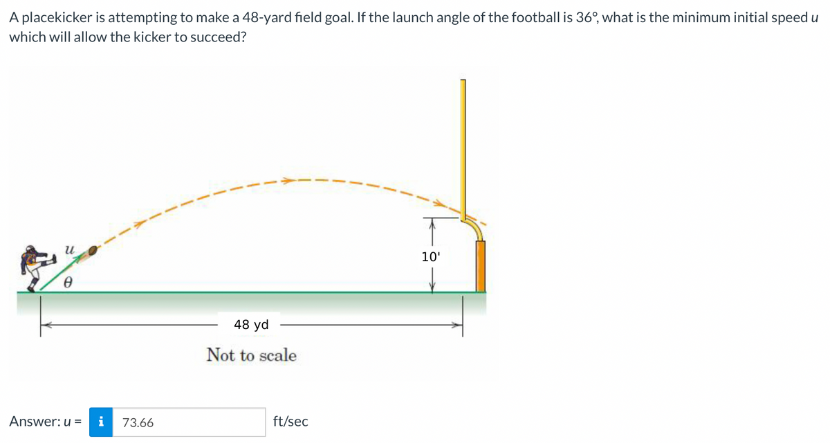 A placekicker is attempting to make a 48-yard field goal. If the launch angle of the football is 36°, what is the minimum initial speed u
which will allow the kicker to succeed?
u
Ө
Answer: u =
M.
73.66
48 yd
Not to scale
ft/sec
10'