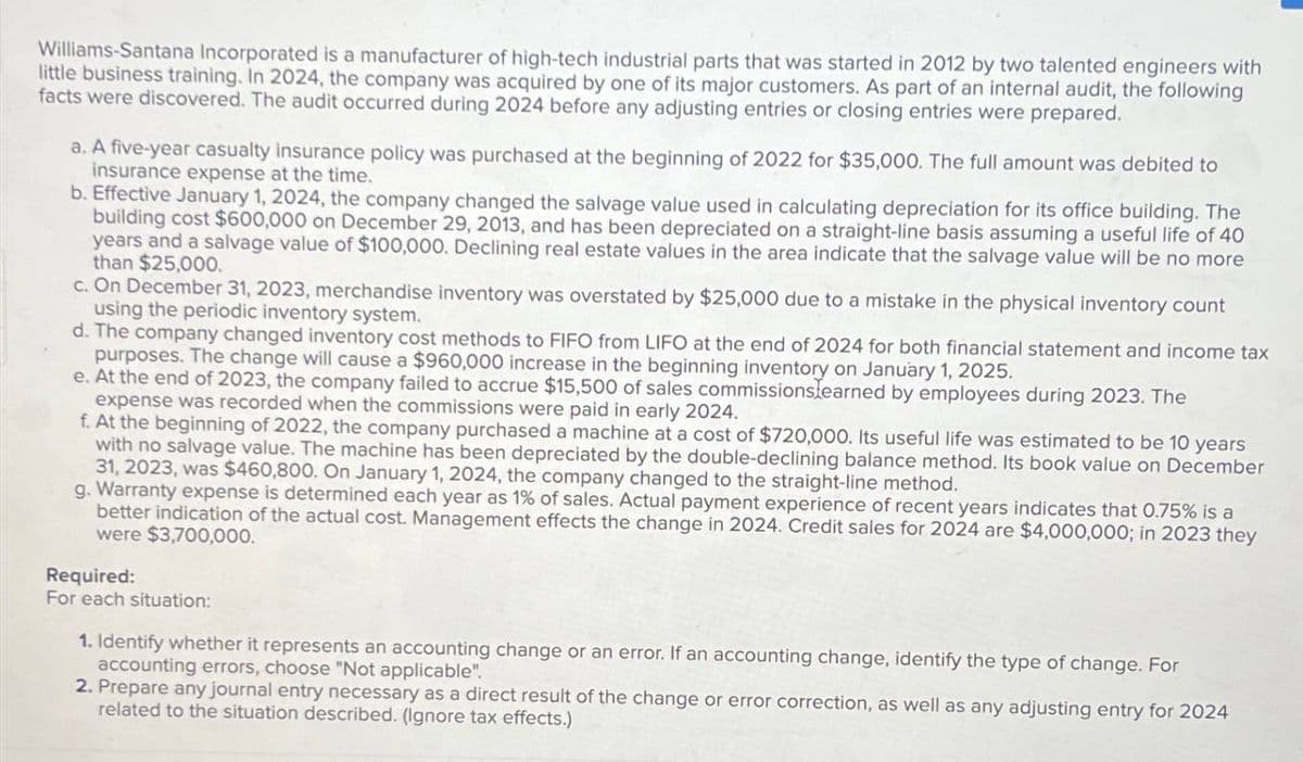 Williams-Santana Incorporated is a manufacturer of high-tech industrial parts that was started in 2012 by two talented engineers with
little business training. In 2024, the company was acquired by one of its major customers. As part of an internal audit, the following
facts were discovered. The audit occurred during 2024 before any adjusting entries or closing entries were prepared.
a. A five-year casualty insurance policy was purchased at the beginning of 2022 for $35,000. The full amount was debited to
insurance expense at the time.
b. Effective January 1, 2024, the company changed the salvage value used in calculating depreciation for its office building. The
building cost $600,000 on December 29, 2013, and has been depreciated on a straight-line basis assuming a useful life of 40
years and a salvage value of $100,000. Declining real estate values in the area indicate that the salvage value will be no more
than $25,000.
c. On December 31, 2023, merchandise inventory was overstated by $25,000 due to a mistake in the physical inventory count
using the periodic inventory system.
d. The company changed inventory cost methods to FIFO from LIFO at the end of 2024 for both financial statement and income tax
purposes. The change will cause a $960,000 increase in the beginning inventory on January 1, 2025.
e. At the end of 2023, the company failed to accrue $15,500 of sales commissionslearned by employees during 2023. The
expense was recorded when the commissions were paid in early 2024.
f. At the beginning of 2022, the company purchased a machine at a cost of $720,000. Its useful life was estimated to be 10 years
with no salvage value. The machine has been depreciated by the double-declining balance method. Its book value on December
31, 2023, was $460,800. On January 1, 2024, the company changed to the straight-line method.
g. Warranty expense is determined each year as 1% of sales. Actual payment experience of recent years indicates that 0.75% is a
better indication of the actual cost. Management effects the change in 2024. Credit sales for 2024 are $4,000,000; in 2023 they
were $3,700,000.
Required:
For each situation:
1. Identify whether it represents an accounting change or an error. If an accounting change, identify the type of change. For
accounting errors, choose "Not applicable".
2. Prepare any journal entry necessary as a direct result of the change or error correction, as well as any adjusting entry for 2024
related to the situation described. (Ignore tax effects.)