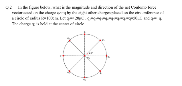 Q 2. In the figure below, what is the magnitude and direction of the net Coulomb force
vector acted on the charge qo=q by the eight other charges placed on the circumference of
a circle of radius R=100cm. Let qo=+20µC, qı=q²=q3=q«=qs=q7=qs=q=50µC and q6=-q.
The charge qo is held at the center of circle.
45
