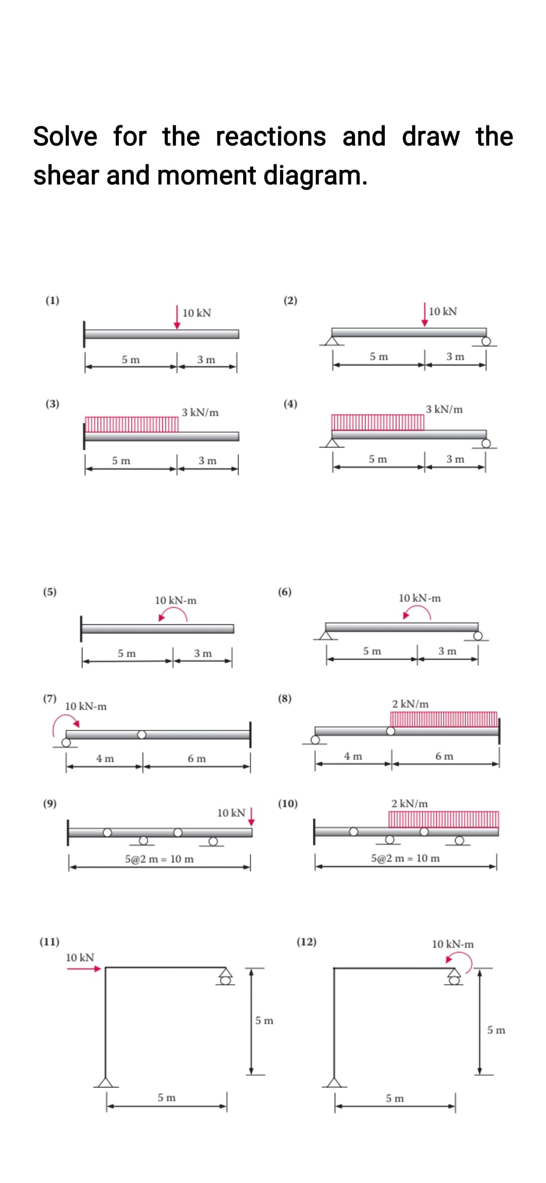 Solve for the reactions and draw the
shear and moment diagram.
(1)
(3)
(5)
(7)
(9)
(11)
10 kN-m
k
10 kN
5m
5 m
4 m
5 m
10 kN
10 kN-m
5 m
3 kN/m
3 m
5@2 m = 10 m
3 m
3 m
6 m
10 kN
5m
(6)
(8)
(10)
(12)
5 m
4 m
5 m
5m
10 KN
10 kN-m
5@2m
3 kN/m
2 kN/m
5m
↓
2 kN/m
3 m
3 m
3 m
10 m
6 m
10 kN-m
5m