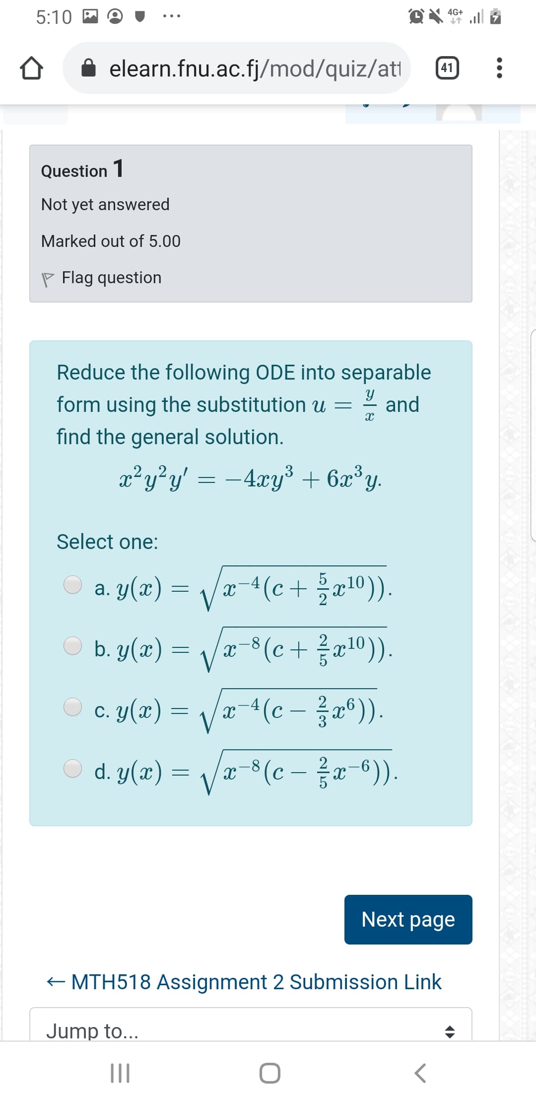 Reduce the following ODE into separable
form using the substitution u
* and
-
find the general solution.
x²y?y' = –4xy³ + 6x*y.
