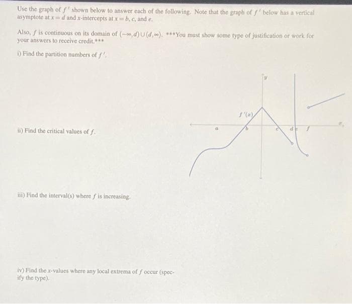 Use the graph of f' shown below to answer each of the following. Note that the graph of f' below has a vertical
asymptote at x= d and x-intercepts at x =b, c, and e.
Also, f is continuous on its domain of (-, d)U (d, ). ***You must show some type of justification or work for
your answers to receive credit.***
i) Find the partition numbers of f.
i) Find the critical values of f.
i) Find the interval(s) where f is increasing.
iv) Find the x-values where any local extrema of f occur (spec-
ify the type).
