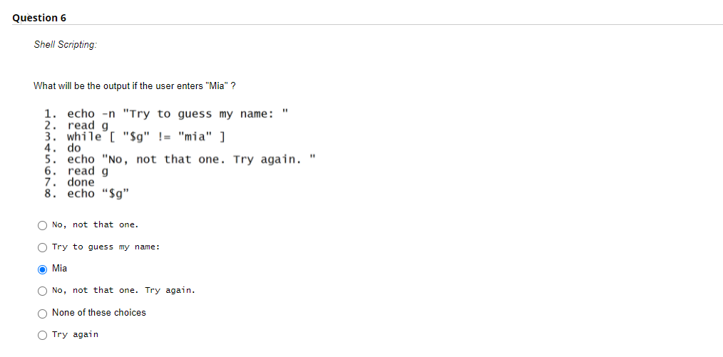 Question 6
Shell Scripting:
What will be the output if the user enters "Mia" ?
1.
echo -n "Try to guess my name:
2. read g
3. while [ "$g" != "mia" ]
4.
do
echo "No, not that one. Try again. "
6.
5.
read g
done
7.
8.
echo “$g"
O No, not that one.
O Try to guess my name:
O Mia
O No, not that one. Try again.
O None of these choices
O Try again
