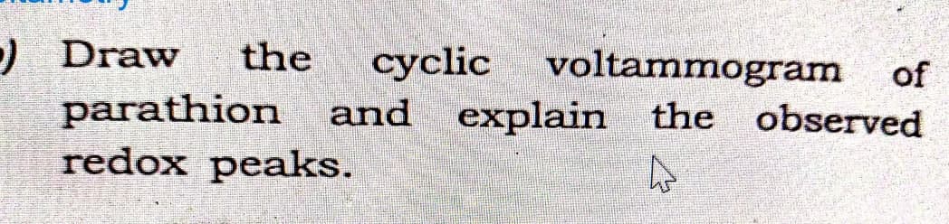 ) Draw the cyclic voltammogram of
parathion and explain the observed
redox peaks.