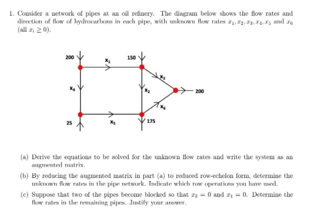 1. Consider a network of pipes at an oil refinery. The diagram below shows the flow rates and
direction of flow of hydrocarbons in each pipe, with unknown flow rates 1, 12, 3; 1 *5 and ag
(all r, 2 0).
200
150
200
25
X5
175
(a) Derive the equations to be solved for the unknown flow rates and write the system as an
augmented matrix.
(b) By reducing the augmented matrix in part (a) to reduced row-echelon form, determine the
unknown flow rates in the pipe network. Indicate which row operations you have used.
(c) Suppose that two of the pipes become blocked so that r3 = 0 and x, = 0. Determine the
flow rates in the remaining pipes. Justify your answer.
