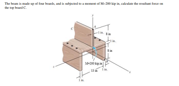 The
beam is made up of four boards, and is subjected to a moment of M-200 kip in, calculate the resultant force on
the top board C.
in.
8 in
1 in.
M-200 kip.in
13 in
1 in.
8 in
1 in.