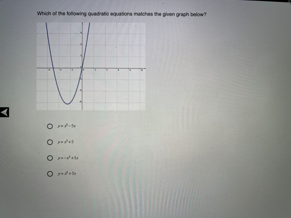 Which of the following quadratic equations matches the given graph below?
○
ソ=ズ-5x
O y=x+5
y = -x +5x
ン=ズ+5x
