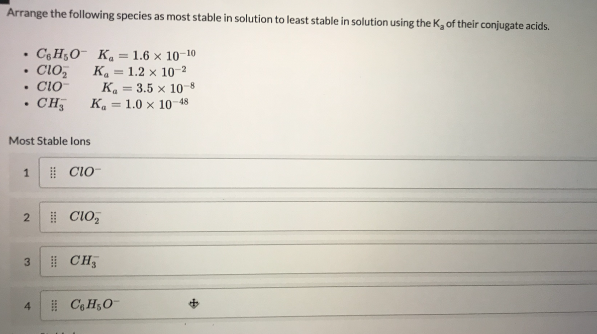 Arrange the following species as most stable in solution to least stable in solution using the K, of their conjugate acids.
C6 H;O Ka
• ClO,
Cio-
1.6 x 10-10
Ka = 1.2 x 10-2
Ka = 3.5 x 10-8
Ka = 1.0 x 10-48
CH5
Most Stable lons
1
| Cio-
| CiO,
3.
CH3
C6 H5O
....
2.
4.
