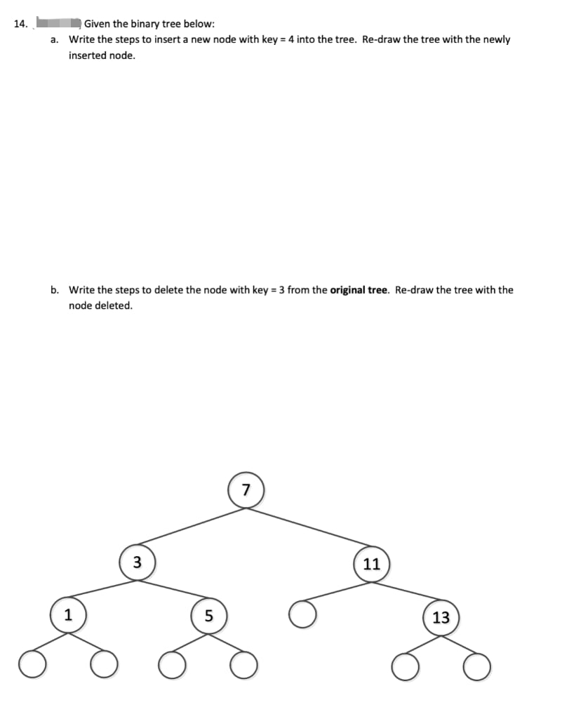 14.
Given the binary tree below:
a. Write the steps to insert a new node with key = 4 into the tree. Re-draw the tree with the newly
inserted node.
b. Write the steps to delete the node with key = 3 from the original tree. Re-draw the tree with the
node deleted.
3
5
7
11
13