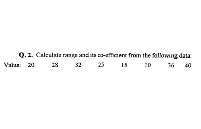 Q. 2. Calculate range and its co-efficient from the following data:
Value: 20
28
32
25
15
10
36
40
