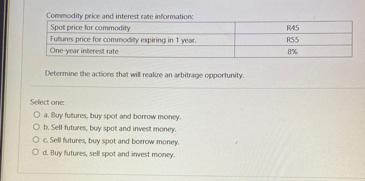 Commodity price and interest rate information:
Spot price for commodity
Futures price for commodity expiring in 1 year.
One-year interest rate
Determine the actions that will realize an arbitrage opportunity.
Select one:
a. Buy futures, buy spot and borrow money.
b. Sell futures, buy spot and invest money.
O c. Sell futures, buy spot and borrow money.
Od. Buy futures, sell spot and invest money.
R45
R55
8%