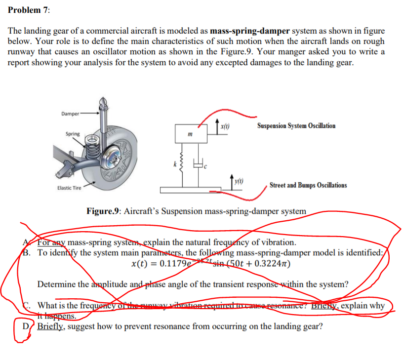 Problem 7:
The landing gear of a commercial aircraft is modeled as mass-spring-damper system as shown in figure
below. Your role is to define the main characteristics of such motion when the aircraft lands on rough
runway that causes an oscillator motion as shown in the Figure.9. Your manger asked you to write a
report showing your analysis for the system to avoid any excepted damages to the landing gear.
Damper
x(1)
Suspension System Oscillation
Spring
Elastic Tire
Street and Bumps Oscillations
Figure.9: Aircraft's Suspension mass-spring-damper system
For any mass-spring system, explain the natural frequency of vibration.
B. To identify the system main parameters, the following mass-spring-damper model is identified:
x(t) = 0.1179e (50t + 0.3224n)
Determine the amplitude and-phase angle of the transient response within the system?
What is the frequency of the way vihration requiredtocaseresonance! Brlery, explain why
happens.
D/ Briefly, suggest how to prevent resonance from occurring on the landing gear?
