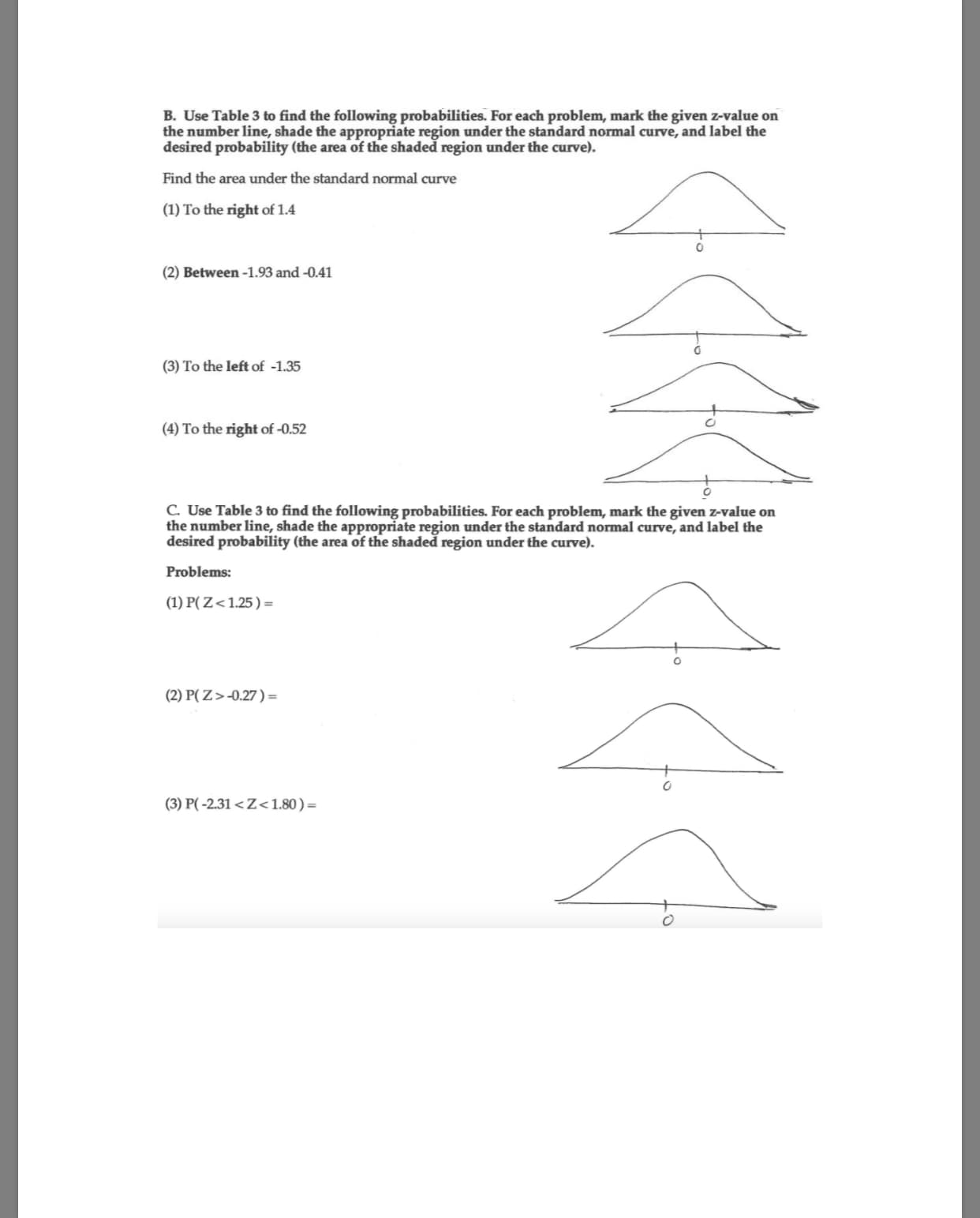 B. Use Table 3 to find the following probabilities. For each problem, mark the given z-value on
the number line, shade the appropriate region under the standard normal curve, and label the
desired probability (the area of the shaded region under the curve).
Find the area under the standard normal curve
(1) To the right of 1.4
0
(2) Between-1.93 and -0.41
(3) To the left of -1.35
(4) To the right of -0.52
C. Use Table 3 to find the following probabilities. For each problem, mark the given z-value on
the number line, shade the appropriate region under the standard normal curve, and label the
desired probability (the area of the shaded region under the curve
Problems:
(1) P(Z1.25)-
(2) P(Z>-0.27)-
(3) P(-2.31 <Z<1.80)-
