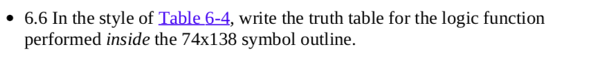 • 6.6 In the style of Table 6-4, write the truth table for the logic function
performed inside the 74x138 symbol outline.
